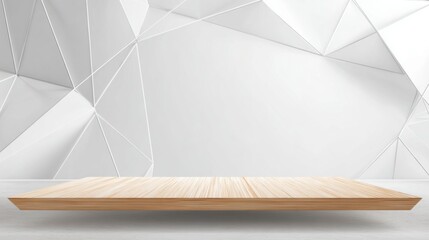 Poster - A sleek wooden display platform rests on a light floor, against a striking modern wall featuring geometric textures in a chic interior environment.