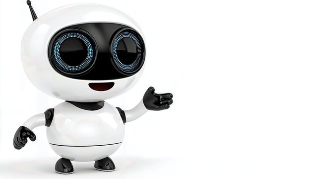 Playful White Robot with Blue Digital Eyes Gestures Welcome on White Background