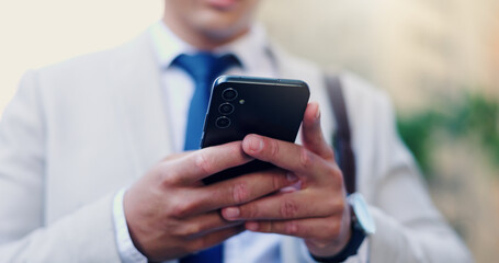 Hands, phone and business person outdoor for email, text or message for finance update. Mobile, man and worker with app for communication, research or investment for corporate networking online