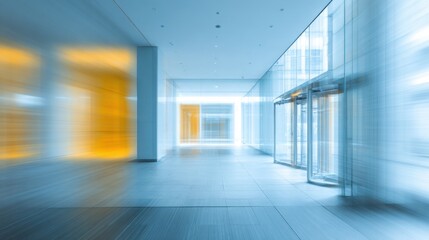 Poster - A spacious office lobby showcases sleek architecture with glass walls and vibrant lighting. The entrance is enhanced by a rotating door, inviting people into the building.