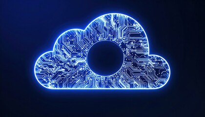 Poster - Futuristic glowing cloud icon surrounded by digital circuit lines representing cloud technology and data storage in a high-tech dark background