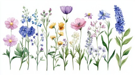 Wall Mural - Beautiful seamless floral water color pattern Set, watercolor wild flowers, leaves and grass,Collection botanic garden elements, isolated illustration in rustic or vintage style,copy space.