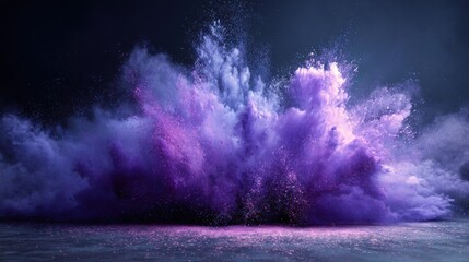 Poster - A vibrant cloud of purple powder bursts into the air, creating a stunning visual display against a dark background. The scene captures the dynamic movement and energy of the explosion vividly.