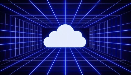 Poster - Futuristic digital cloud storage concept with neon grid lines and a glowing cloud icon in a high-tech virtual environment with a sci-fi aesthetic