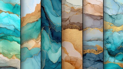 Poster - Colorful abstract backgrounds showcase fluid art techniques, blending teal, blue, brown, and gold hues seamlessly. Each panel highlights unique patterns and textures, creating visual harmony.