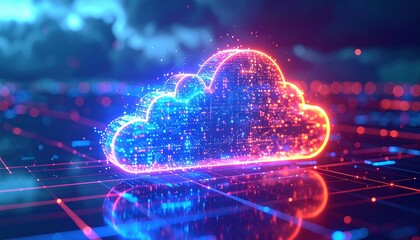 Poster - Digital Cloud Computing Icon with Bright Neon Effects and Data Network Lines in a Futuristic Technology Environment for Cloud Storage and Cloud Technology Concepts