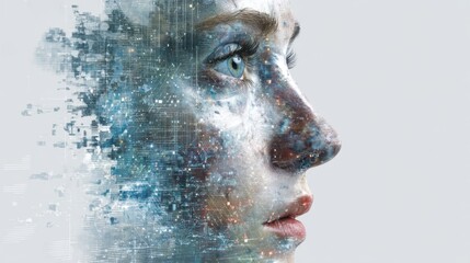 Fototapete - A side profile of a woman whose face merges with abstract digital elements, conveying a sense of connection between humanity and technology in a modern context.