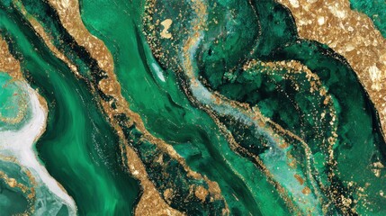 Poster - A captivating blend of emerald green and gold creates a swirling abstract design. The vibrant colors intertwine in striking patterns, evoking a sense of luxury and elegance.