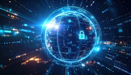 Poster - Digital security concept with glowing blue globe surrounded by cybersecurity icons and data streams representing global data protection and network safety