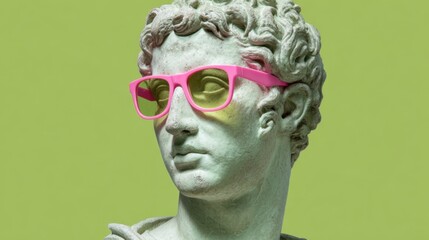 Poster - A classic marble bust features a young man with curly hair wearing bright pink sunglasses. The contrasting vibrant green background adds a contemporary touch to the traditional art style.