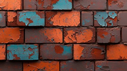 Poster - Textured Background of Weathered Brick Wall with Peeling Paint in Orange and Teal Colors 4k video footage