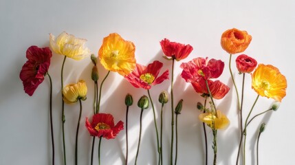 Poster - Vibrant poppy flowers in shades of red, yellow, and orange stand tall against a light background. Soft shadows create depth, showcasing their delicate petals and green stems.