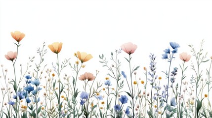 Wall Mural - Beautiful seamless floral water color pattern Set, watercolor wild flowers, leaves and grass,Collection botanic garden elements, isolated illustration in rustic or vintage style,copy space.