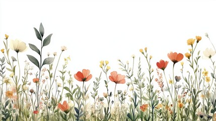 Wall Mural - Beautiful seamless floral water color pattern Set, watercolor wild flowers, leaves and grass,Collection botanic garden elements, isolated illustration in rustic or vintage style,copy space.