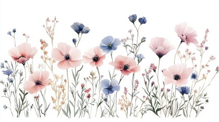 Wall Mural - Beautiful seamless floral water color pattern Set, watercolor wild flowers, leaves and grass,Collection botanic garden elements, isolated illustration in rustic or vintage style,copy space.