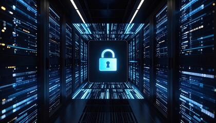 Poster - Futuristic digital security technology concept with glowing padlock symbol surrounded by neon blue data streams and computer servers in a high tech environment