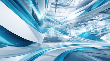 Poster - Swirling blue and white shapes create a vibrant atmosphere in a contemporary architectural setting. Bright lighting enhances the fluid forms, showcasing creativity and innovation.