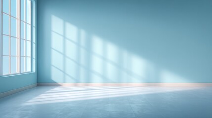 Poster - A spacious room features large windows allowing soft sunlight to stream in, creating gentle shadows on a pastel blue wall and a clean floor, perfect for various activities.