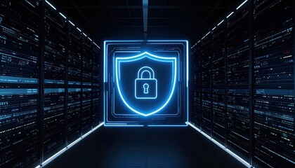 Poster - Futuristic digital security barrier with glowing shield and lock icon in a high tech data center with illuminated server racks and cyber security concept