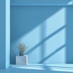 Poster - A serene blue room features a small potted plant on a white pedestal under soft sunlight. The shadows cast by the light create a tranquil atmosphere, highlighting the minimalist design.