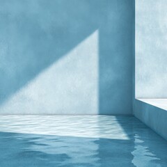 Poster - A serene indoor setting features a smooth water surface reflecting soft shadows from blue-toned walls. The sunlight creates a calming atmosphere in this minimalist design.