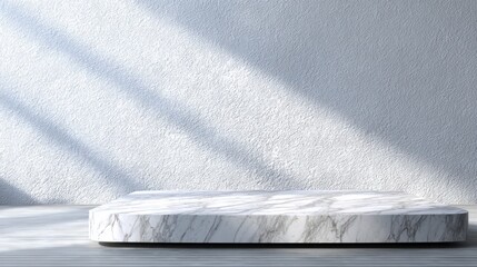 Poster - A stunning marble platform sits in a minimalistic space, illuminated by soft sunlight casting gentle shadows on the textured walls, enhancing the calm ambiance.