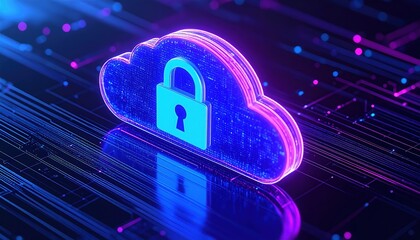 Poster - Digital Cloud Cloud Computing Security Icon with Lock in Neon Colors Representing Data Protection and Cloud Security Technology Concept
