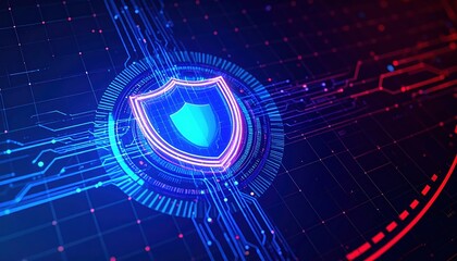 Poster - High Tech Digital Security Shield Icon with Circuit Board Elements and Digital Network Background for Cybersecurity Illustration