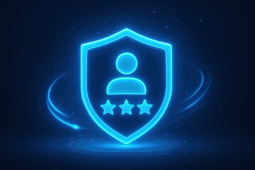 Poster - Cyber Security Shield: A digitally rendered image of a glowing shield, personified and encased in a radiant blue hue, symbolizes robust protection and trustworthiness in the digital realm.