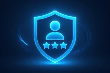 Poster - Digital Security Shield: A neon-style icon of a shield protecting a person and stars, representing digital security and personal safety in the digital realm.