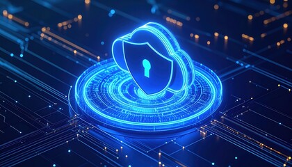 Poster - Futuristic glowing blue shield icon with a padlock symbol representing cybersecurity, digital security, data protection, technology, and protection concept