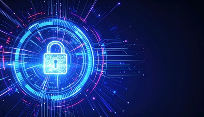 Poster - Digital security concept with glowing lock symbol surrounded by futuristic cyber network interface with glowing lines and data streams in a dark background