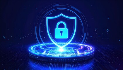 Poster - Digital security concept featu a glowing shield with padlock symbol representing cybersecurity protection and data privacy in a futuristic technological environment