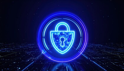 Poster - Digital Security Lock Icon Neon Effect with Cyber Network Background Symbolizing Data Protection and Privacy in Technology