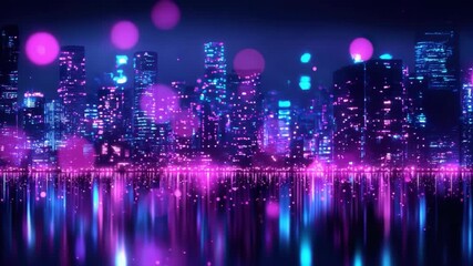 Poster - Vibrant Night Cityscape with Neon Lights and Reflections Over Water in a Futuristic Urban Setting 4k video footage