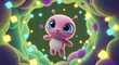 © Nunu - Whimsical Pink Alien Character Amidst Colorful Glowing Orbs and Cubes