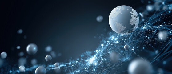 Poster - Global data transfer concept with futuristic network spheres and earth map on blue gradient, illustrating digital connectivity for cybersecurity and cloud computing applications.