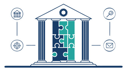 Bank building puzzle pieces solution strategy financial institution business integration teamwork concept