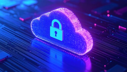 Poster - Digital cloud security concept with glowing padlock symbol representing data protection and cybersecurity in a futuristic high-tech environment
