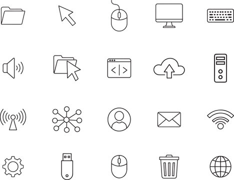 Set of Minimalist Line Icons Representing Computer Hardware and Software Elements