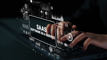 Poster - Hands Typing on Laptop with Digital Overlay of Software as a Service Concept for Technology and Business Background. Asymptotic smart data analytic.