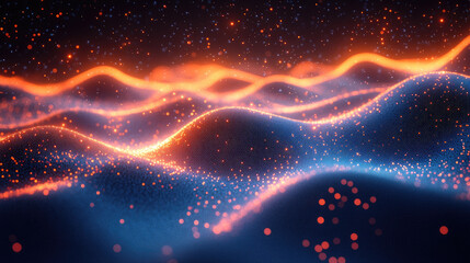 Aufkleber - Abstract waves of blue and orange glowing light particles forming a futuristic digital landscape, symbolizing technology, data visualization, and innovation with copy space for modern advertising