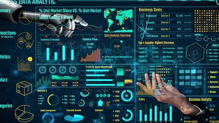Poster - AI artificial intelligence drives data analytics with predictive models, smart dashboards, and virtual assistant insights for data-driven business decisions.
