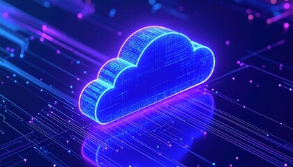Poster - Digital Cloud Storage Illustration with Data Streams and Technology Lines in a Futuristic Glow Effect for Cloud Computing Data Transfer and Data Storage Concept