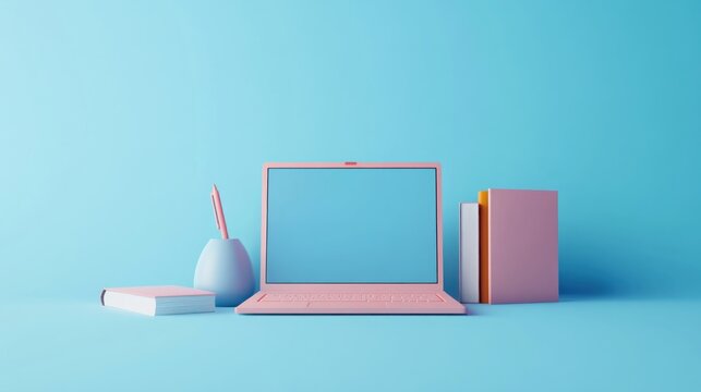 Pastel pink laptop, notebook, pencil holder, and books sit on a light blue background, creating a minimalist workspace scene