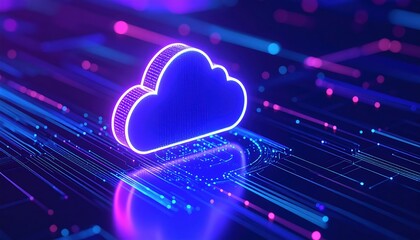 Poster - Digital Cloud Computing Concept with Neon Lights and Data Connections for Cloud Storage and Internet Technology Visualization