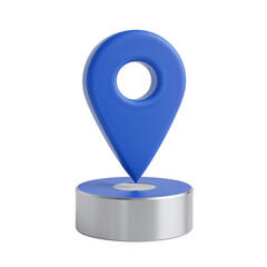 Fototapete - 3D illustration of a Vibrant Blue Location Pin on a Sleek Silver Pedestal Isolated