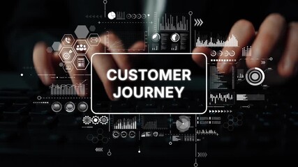 Poster - Hands Typing on Keyboard with Customer Journey Graphics and Data Visualization Elements in Background. Asymptotic smart data analytic.