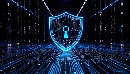 Poster - Digital security shield symbol with glowing neon outline and circuit pattern representing cybersecurity protection innovation and data safety technology