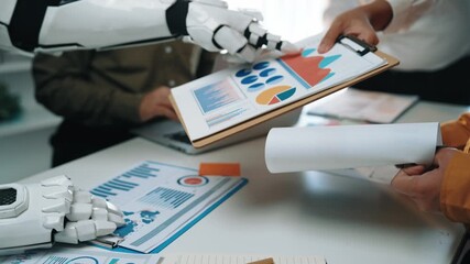 Poster - Business professionals working alongside AI technology to analyze data and improve decision-making, showcasing the seamless integration of automation in the workplace. Noogenesis AI